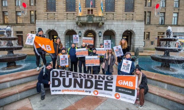 Local authority workers and GMB union members took to City Square to demand action. Image: Steve MacDougall/DC Thomson.