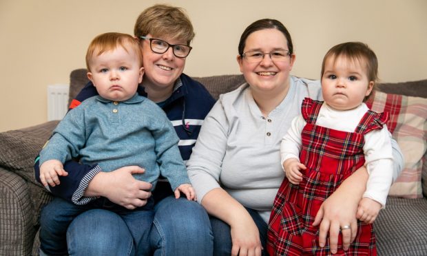Diane Stuart, left, and Danielle Carr with their 15-month-old twins Charlie and Lexi. Image: Steve Brown/DC Thomson