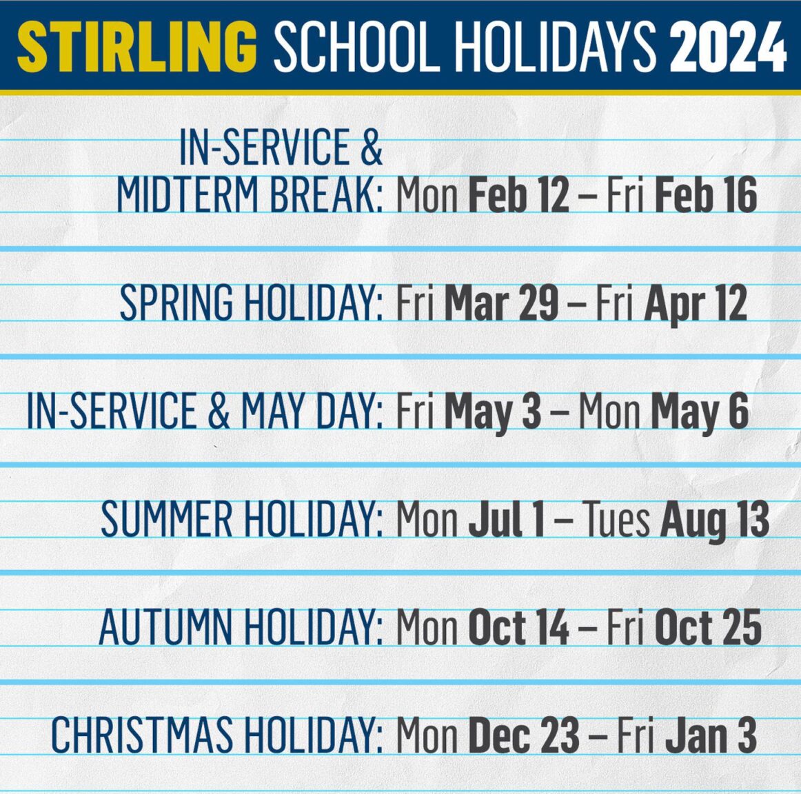 Stirling school holidays 2024 with printerfriendly calendars