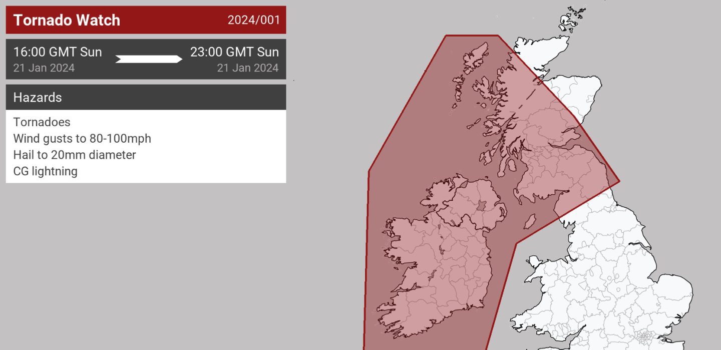 Tornado alert area for Scotland on January 21 2024.