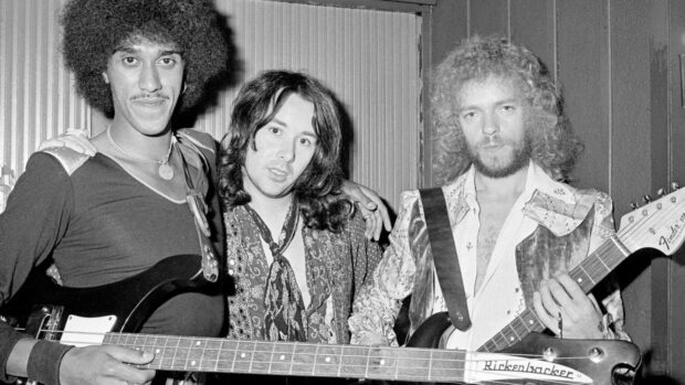 Phil Lynott, Brian Downey and Eric Bell in Thin Lizzy in the early 70s. Image: Supplied.