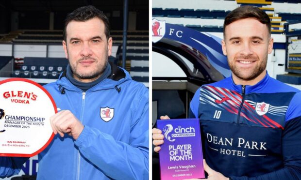 Raith Rovers' Ian Murray (left) and Lewis Vaughan (right) with their awards. Images: Raith Rovers FC