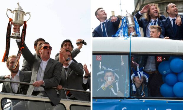 Dundee United celebrate winning the Scottish Cup in 2010 (left), while St Johnstone's 2014 cup-winners enjoy their moment. Images: SNS