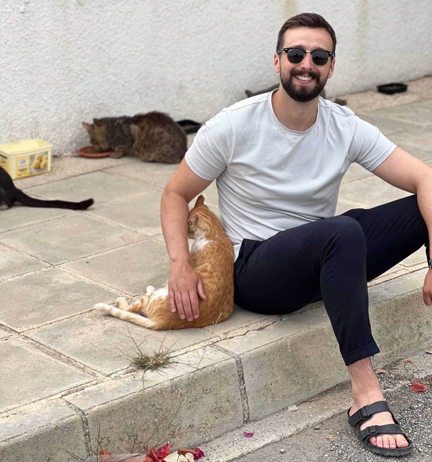 Rob Lindsay with stray cats in Cyprus.