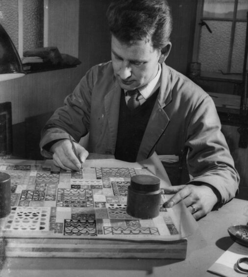 Raymond Alan Ferguson, linoleum pattern designer at Tayside Floorcloth Company, Newburgh, 1966.