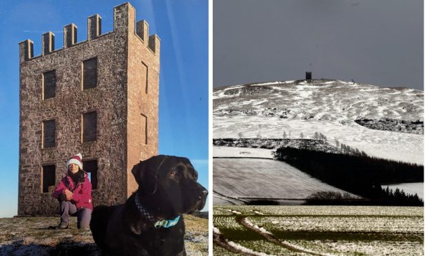 ayle Ritchie and Labrador at Kinpurney Tower in Angus - and, from a distance in the snow.