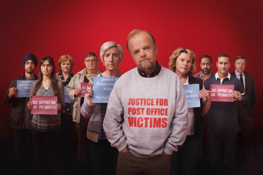 Cast of TV Drama Mr Bates V The Post Office wearing 'Justice for Post Office victims' t shirts