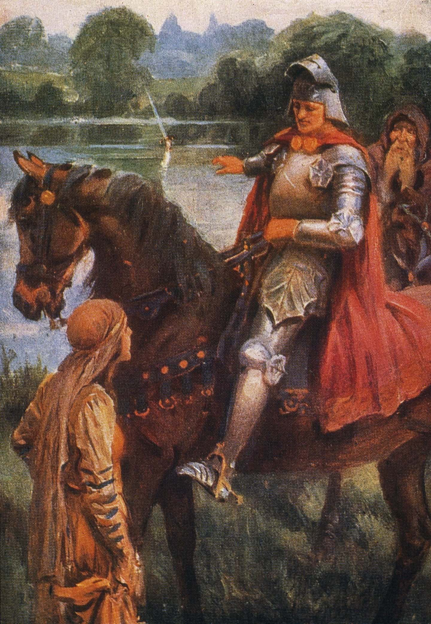Illustration from a 1923 edition Of King Arthur and his Knights, showing a knight on horseback and a sword emerging from a lake 