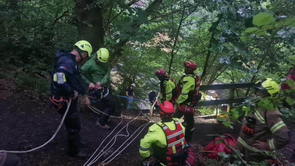 Tayside Mountain Rescue Team with ropes taking part in the rescue of a casualty who had fallen down a steep tree lines gorge near Blairgowrie