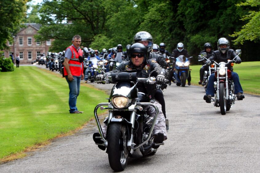 Bikers leaving Brechin Castle during the 2015 Harley Davison in the City event.