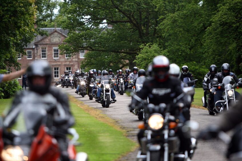 Scenes from the 2015 Harley Davidson in the City event, with bikers leaving Brechin Castle.
