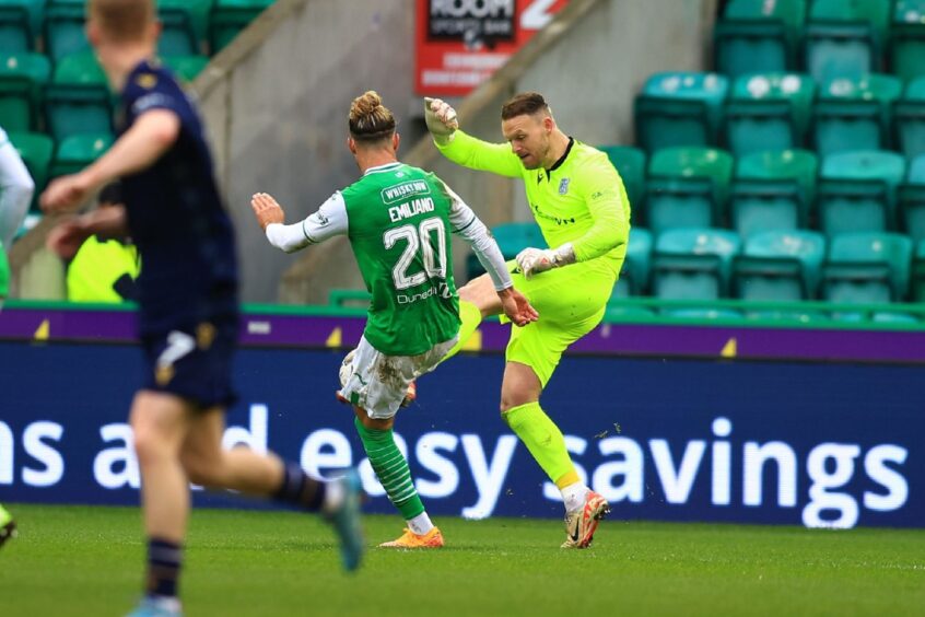 Trevor Carson gives away a penalty as Dundee are beaten at Hibs. Image: Shutterstock/David Young