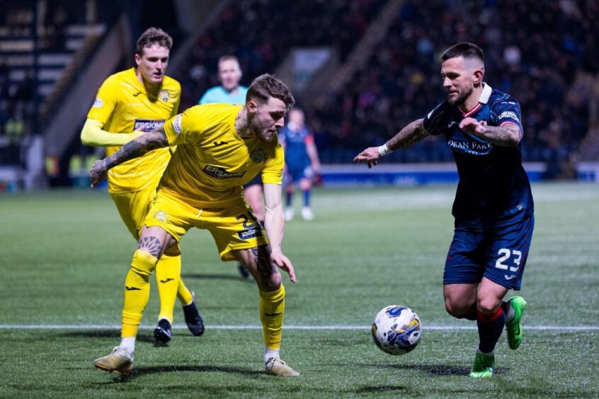 Tyler French closes down Raith Rovers' Dylan Easton in a 0-0 draw last month.