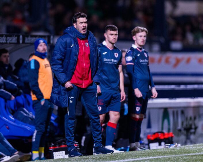 Raith Rovers manager Ian Murray barks instructions during the goalless draw with Morton as he prepares to introduce Ross Matthews and Kyle Turner.