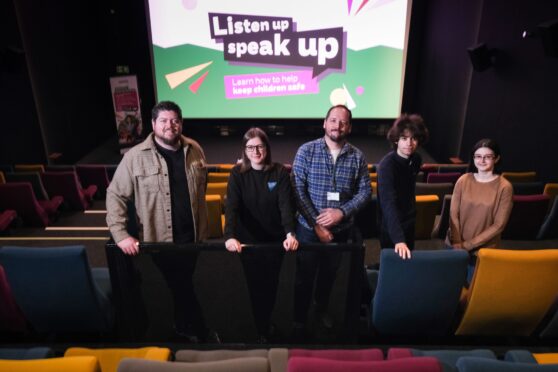 NSPCC Scotland's local campaign officer Euan Graham (centre) with Stephen Fox, Cheryl Fleming, Louis Thomson and Rebecca Mearns of Montrose Playhouse. Image: Paul Reid