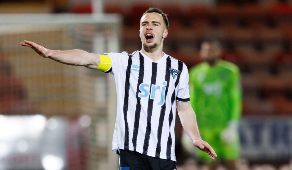 Chris Hamilton shouts instructions to his Dunfermline Athletic F.C. team-mates.