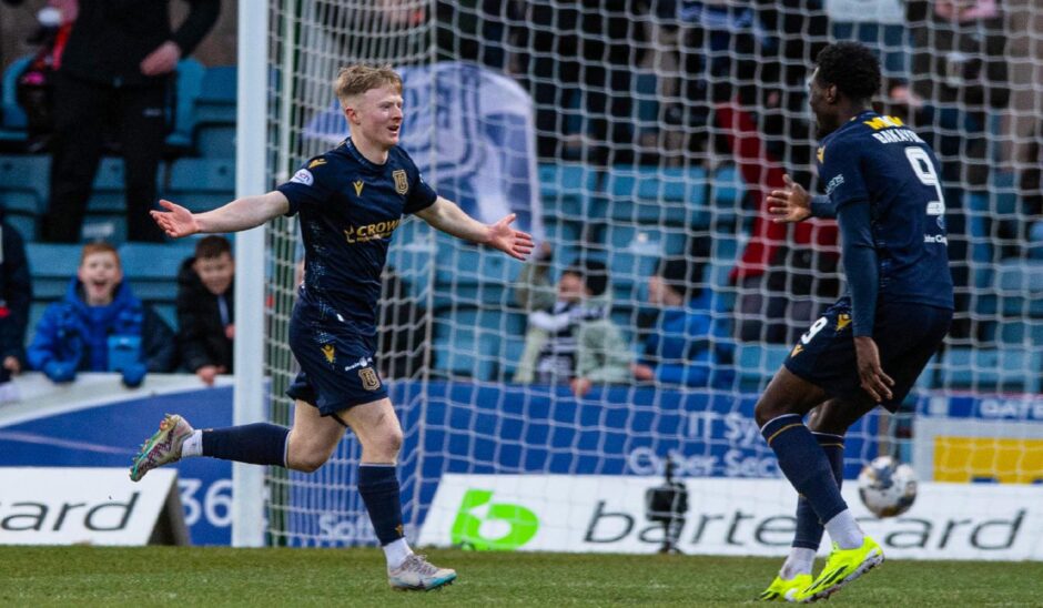 Lyall Cameron celebrates a super second for Dundee. Image: SNS