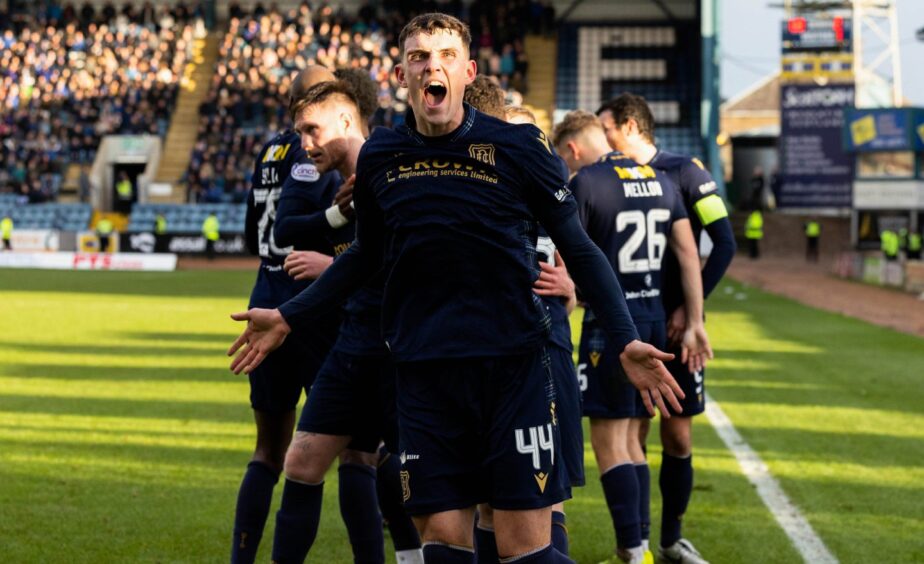 Dundee's Dara Costelloe celebrates after Jordan McGhee scored to make it 2-1. 