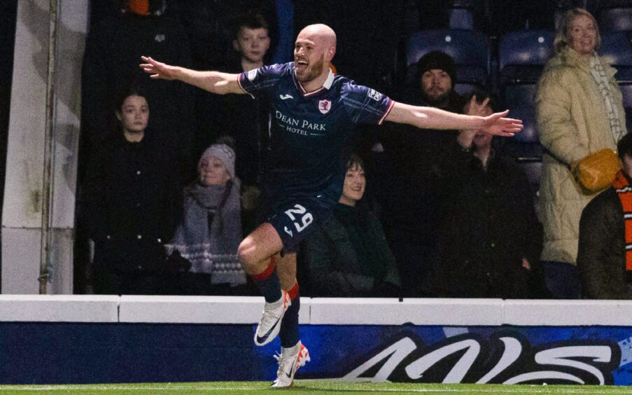 Zak Rudden celebrates his first goal in Raith Rovers colours against Dundee United.