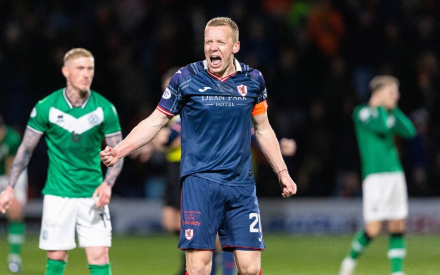 Raith Rovers skipper Scott Brown roars with delight as he celebrates his stunning winning goal against Dundee United.