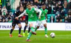 Hibs frontman Dylan Vente opens the scoring against Dundee. Image: SNS