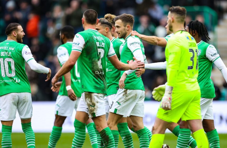 Hibs celebrate taking the lead over Dundee. Image: SNS