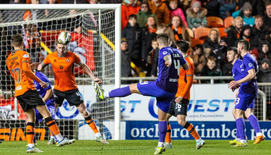 Airdrie player/manager Rhys McCabe fires a shot at goal during his side's win over Dundee United. Image: SNS