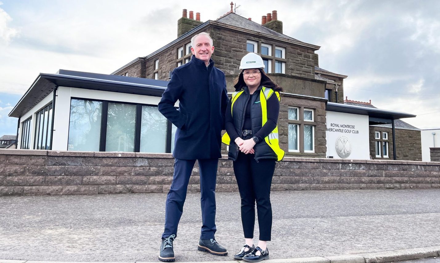 Royal Montrose Mercantile Golf Club captain Jamie Pert and Pert Bruce site manager Katy Davies outside the clubhouse. Image: Supplied