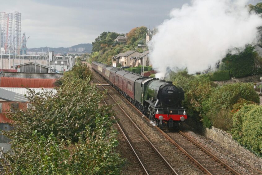 The Flying Scotsman in West Ferry, with Dundee Port visible in the background