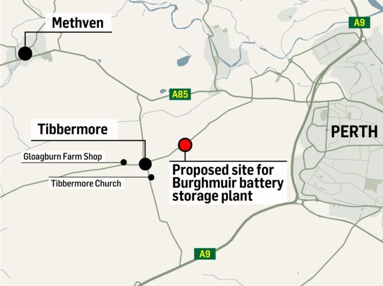Map showing proposed site of battery storage plant at Tibbermore