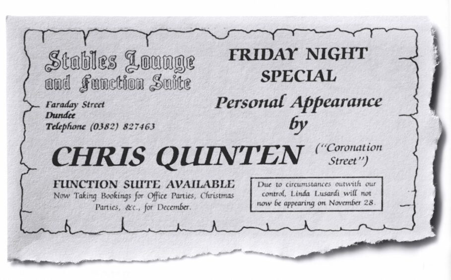 The advertisement for Chris Quinten at The Stables. 