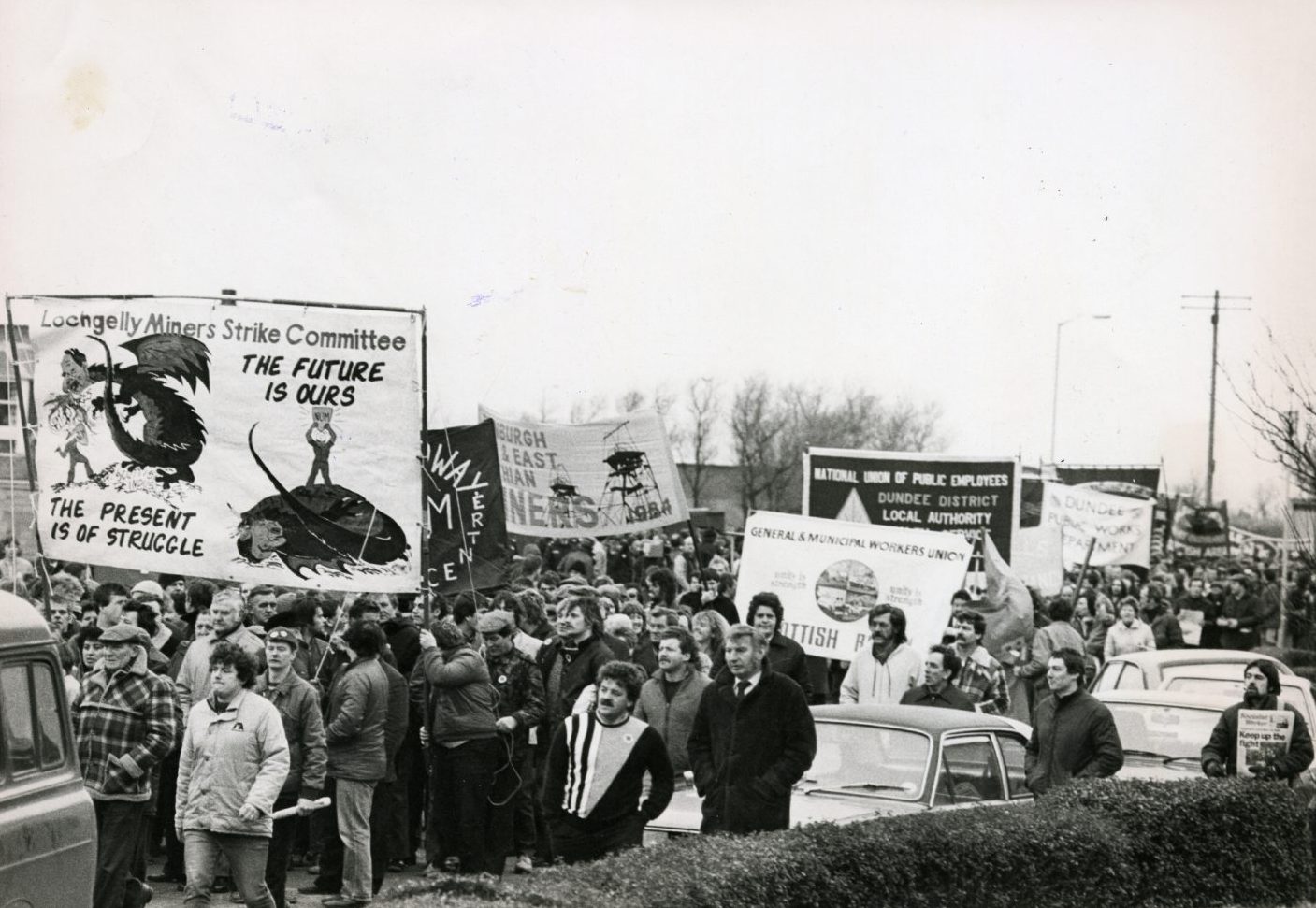People march in the street in a union rally in Kirkcaldy in February 1985. 