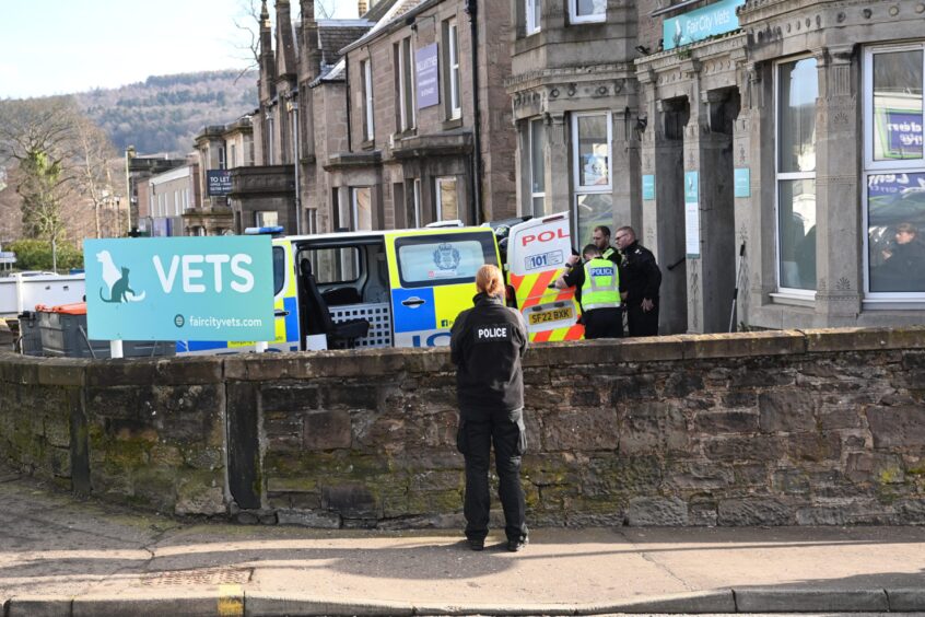 Officers outside the Perth vets after Auchterarder Attack 
