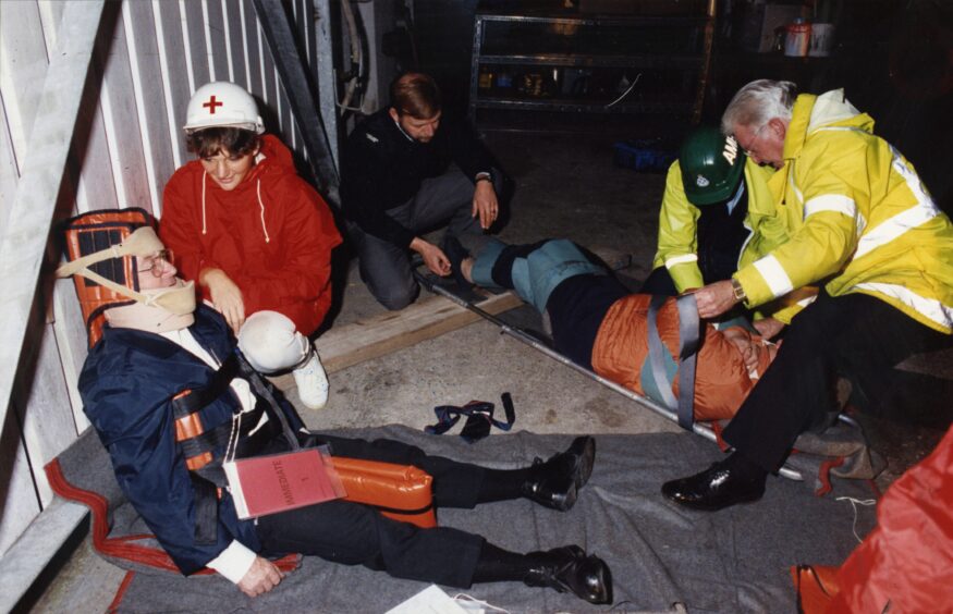 Casualties being attended to during the exercise Dundee Airport in 1990. 
