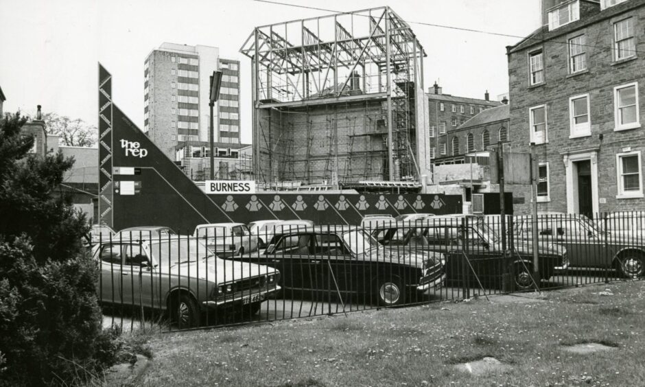 Dundee Rep pictured taking shape in 1980, with scaffolding cladding the building.