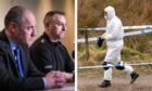 DCI Martin Macdougall and CI Greg Burns at a police press conference for the Aberfeldy murder of Brian Low, and a forensics officer at the scene. Image: Mhairi Edwards/Kim Cessford/DC Thomson