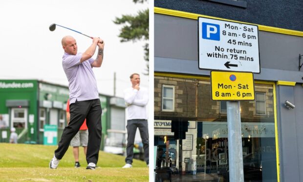 A golfer at Caird Park and a parking sign in Broughty Ferry. Image: Kim Cessford/Ben MacDonald/DC Thomson