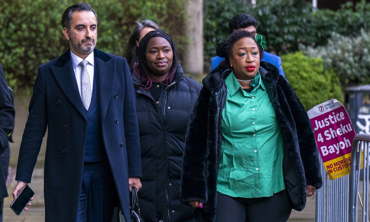 Lawyer Aamer Anwar (left) with sisters of Sheku Bayoh, Kadi Johnson (centre) and Kosna Bayoh (right) arrive for the latest hearings in the public inquiry into his death. Image: Jane Barlow/PA Wire.