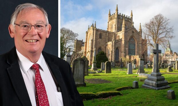 Fife Provost and Dunfermline Athletic FC legend Jim Leishman and Dunfermline Abbey