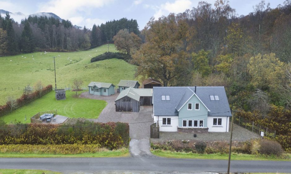 An aerial shot of the Comrie property showing its other buildings