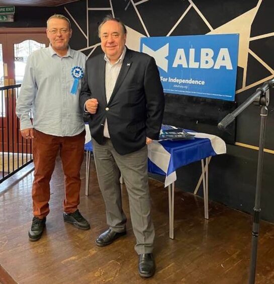 Shields campaigning with Alba party leader Alex Salmond.