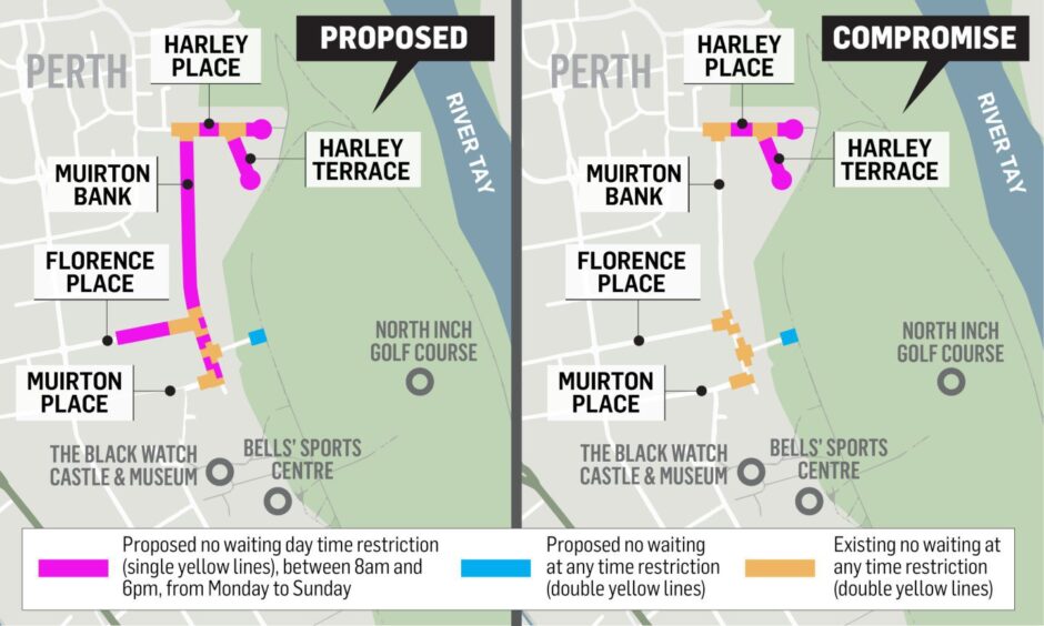 Two maps showing wider area proposed for parking restrictions next to North Inch,Perth, and the revised, smaller area.