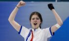 Great Britain's Callie Soutar celebrates winning a curling mixed doubles gold medal.