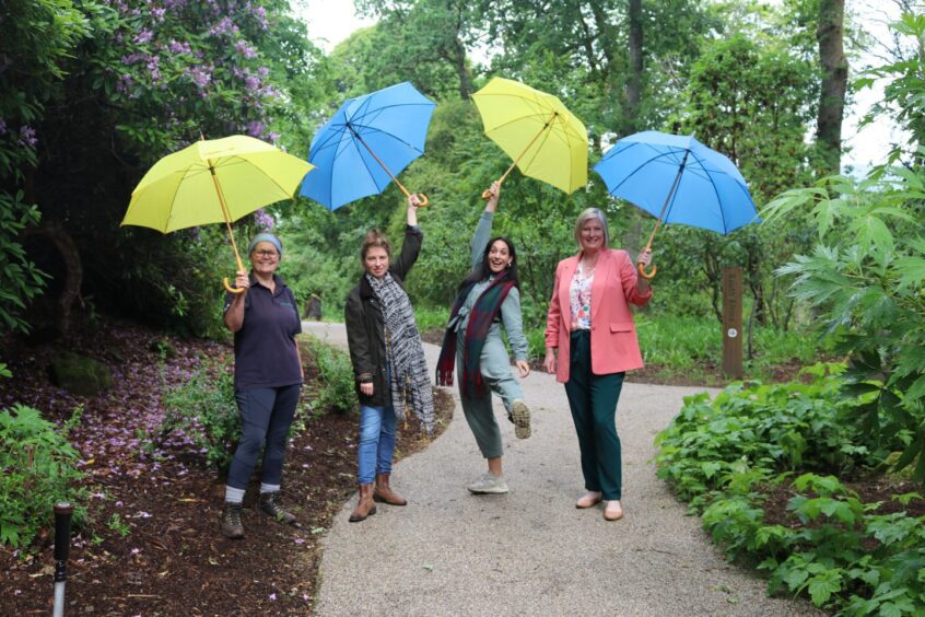 Enchanted Forest Community Trust trustee Deborah Hutchison, right, with Caroline Bavey, Elizabeth Newman and Blythe Jandoo of Pitlochry Festival Theatre. in the theatre garden