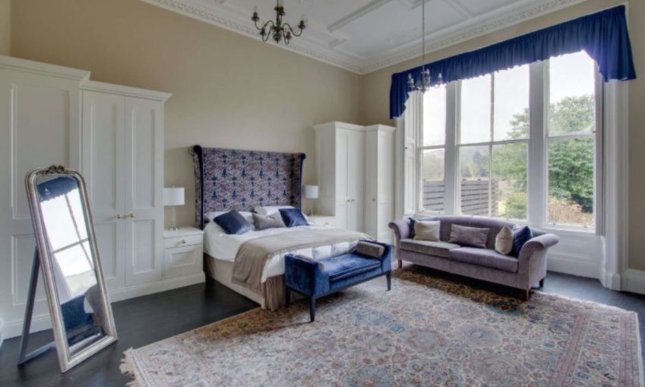 The main bedroom at Earl of Crawford Suite in Finavon Castle near Angus.