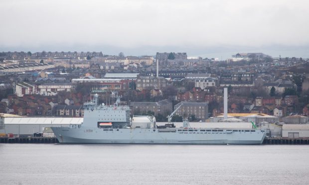 RFA Mounts Bay docked at Dundee Harbour on Saturday
