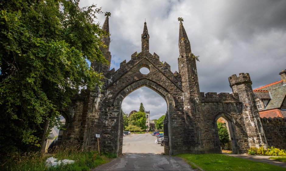 Taymouth Estate gates with village of Kenmore behind