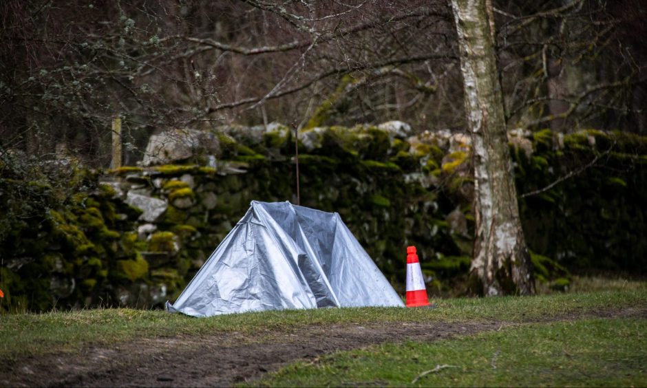 Forensics tent at the scene of Brian Low's murder near Aberfeldy.