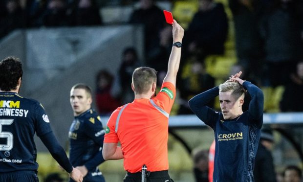Dundee's Luke McCowan sees red in a recent fixture