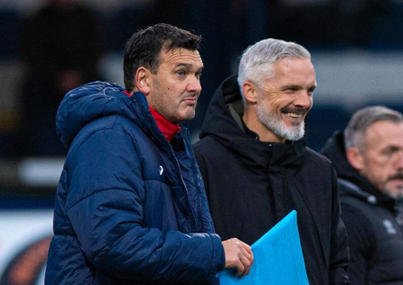 Raith Rovers boss Ian Murray and Dundee United manager Jim Goodwin stand on the touchline.